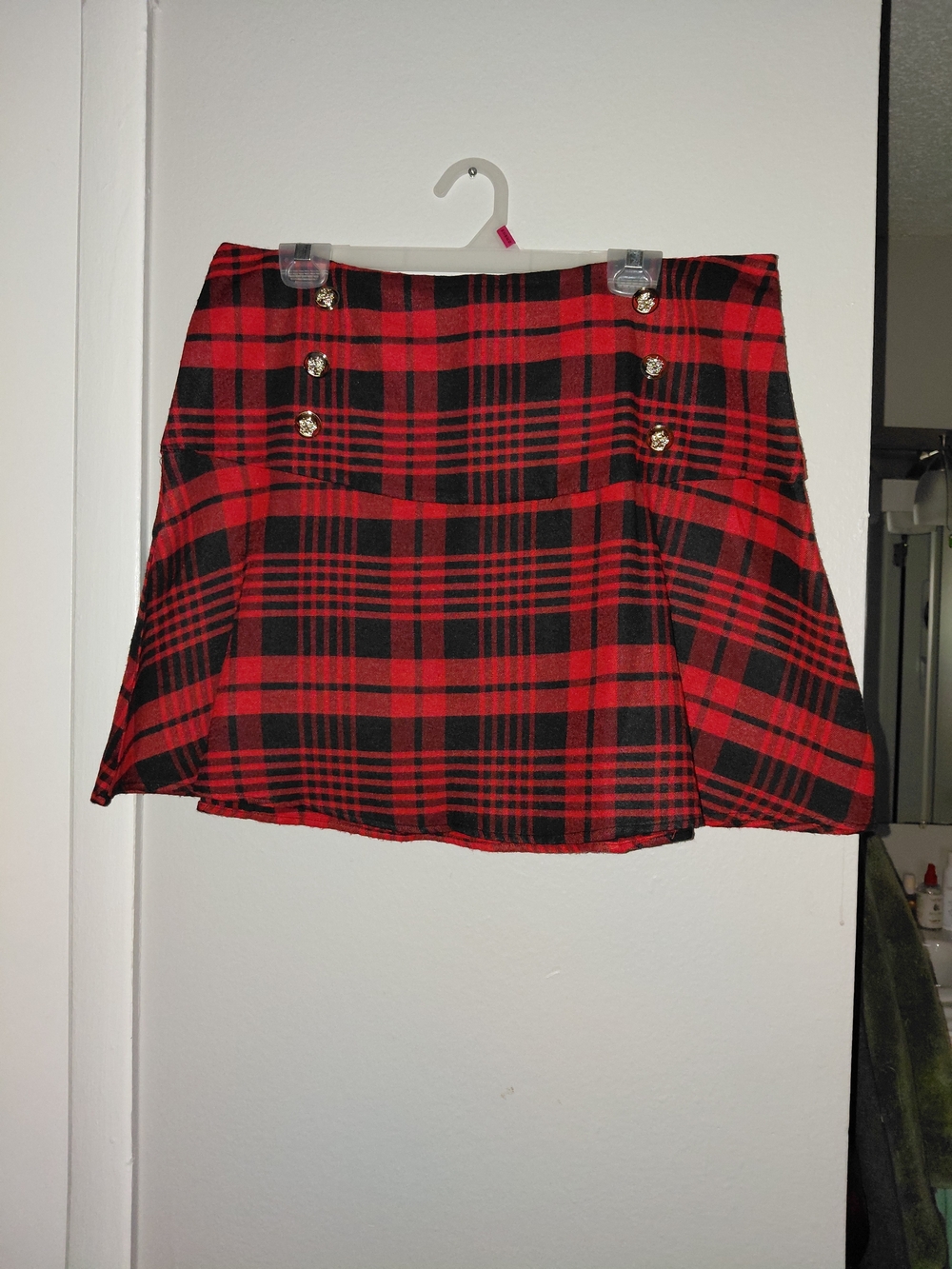 Red and Black Plaid Button-Front A-Line Skirt